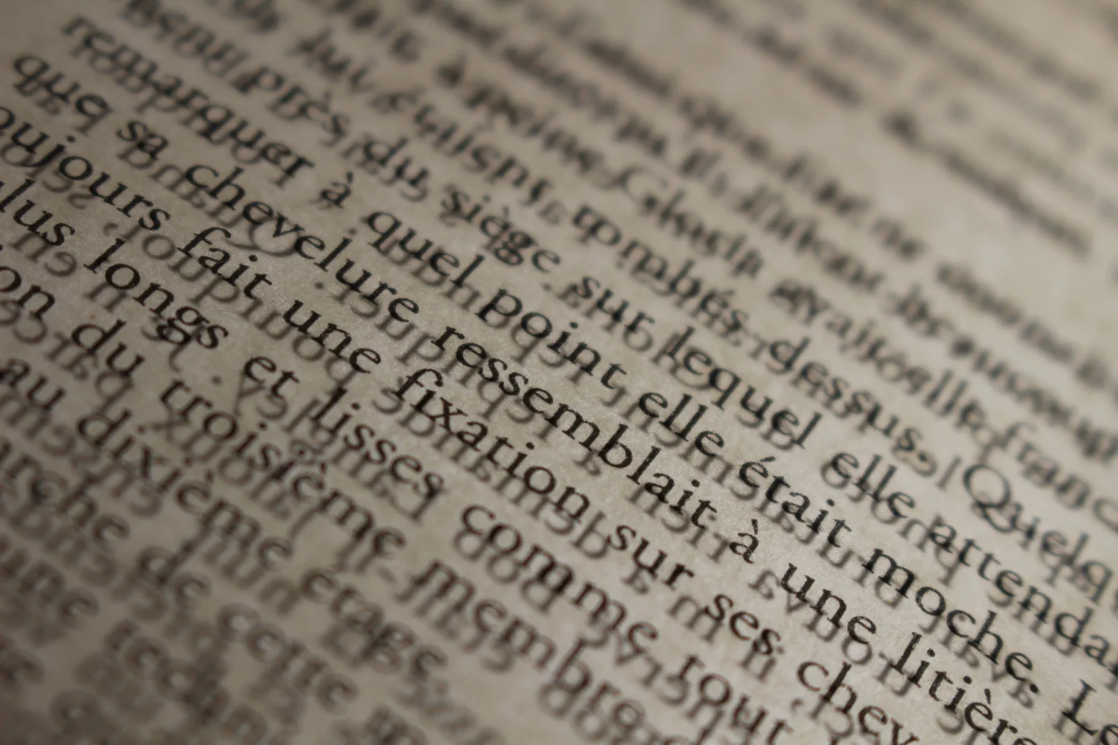 Primer plano de una página de texto impreso, con las líneas en diagonal y el foco sobre unas pocas palabras, mientras el resto del texto aparece desenfocado.